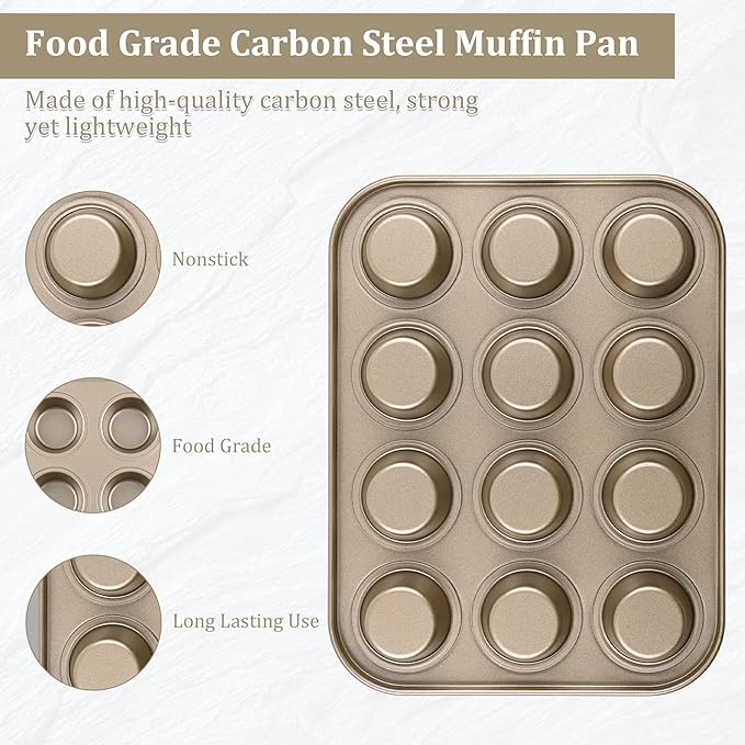 Mini Muffin Pan, Premium Small Cupcake Pans, Carbon Steel 12-Cup Muffin Tin, Versatile Non-Stick Bakeware