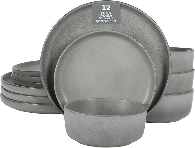 Gibson Elite Pasco 12 Piece (Service for 4) Plates and Bowls Reactive Glaze Dishes Stoneware Ceramic Dinnerware Set - Grey
