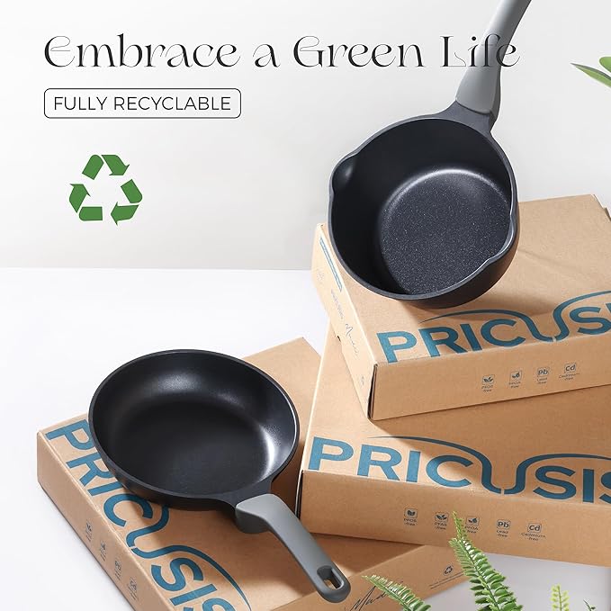 PRICUSIS Nonstick Ceramic Frying Pan with Lid, 8/10 Inch Skillet with Stay Cool Handle, Fully Coated, Induction Compatible & Oven Safe, 100% Dishwasher Safe, PTFE & PFOA Free（8 Inch, Black Sesame）