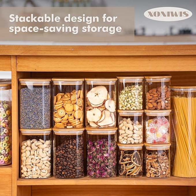 37oz 6PCS Glass Storage Containers with Lids, Glass Jars with Lids Pantry Food Storage Jars, Square Canister For Cookie, Nuts, Snack, Cereal, Candy, LeafTea, Coffee, Spice
