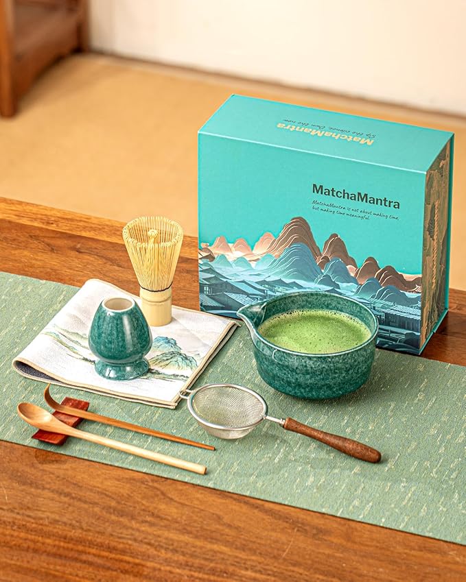 Artisan Matcha Whisk Set - 8 Pcs Premium Matcha Set with Bowl (Chawan), Bamboo Whisk & Tools | Matcha Kit for Making Breakfast/Latte | Gift for Matcha Lovers (Parrot Green)