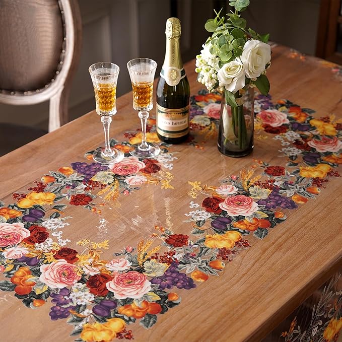 Clear Table Cover Protector Vinyl PVC Rectangle Table Cloth with Floral Fruit Pattern Oil Spill Proof Plastic Tablecloths for Dining Tables Parties Holidays (Floral Fruit, 52 x 70 Inches)