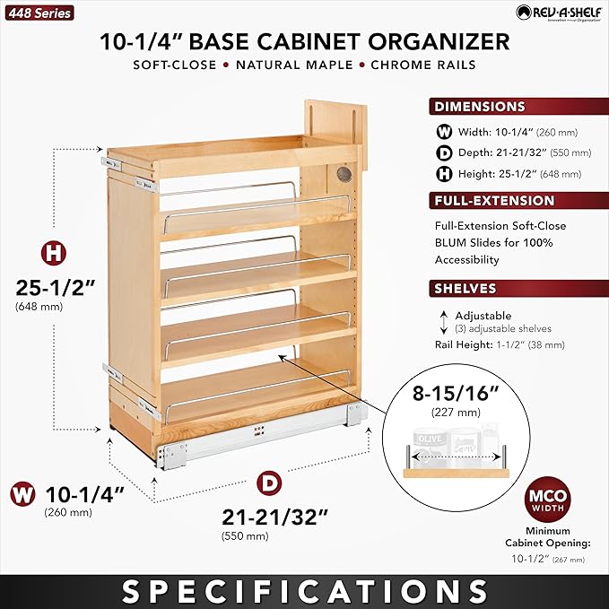 Rev-A-Shelf 10.25" Pullout Storage Organizer for Base Kitchen/Bathroom Cabinets w/Soft-Close Full Extension Slides & Adjustable Shelves, 448-BCSC-9C