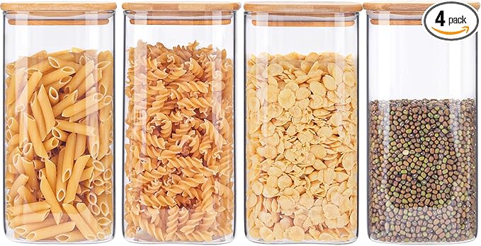 Glass Storage Containers with Lids, Glass Jars with Bamboo Lids, Large Food Storage Jar, Sugar, Pantry Storage Container for Pasta Rice Flour Oats Nuts Tea Spice (Square 54oz 4pack)