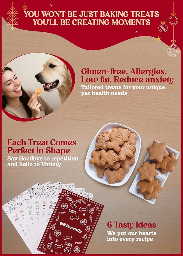 Dog Treat Kit for Christmas – 2 Silicone Christmas Edition Cookie Molds, 5 Cookie Cutters, 10 Recipes, Bow, Dog Hat, 4 Decorating Balloons, Decorating Pen – Ideal DIY Kit for Dogs Lover