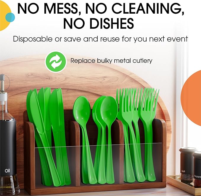 Party Solids Lime Green Plastic Silverware Heavy Duty 150 Pcs Lime Green Plastic Cutlery Sets, Utensil Sets, 50 Of Each Forks, Knives & Spoons Disposable Cutlery Set, Flatware Set For Party Supplies