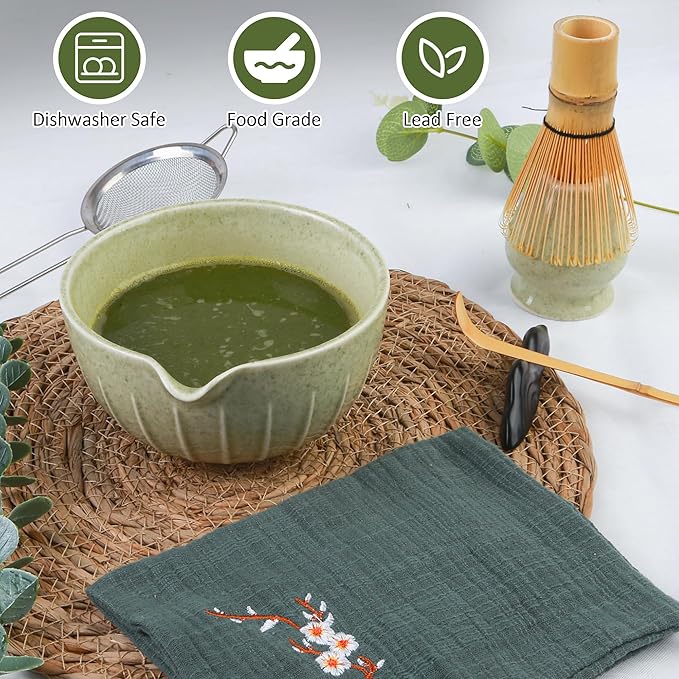 Matcha Bowl and Tea Whisk Set, 7-Piece Collection: 19-ounce ceramic bowl, whisk stand, bamboo scoop with scoop holder, tea strainer, and tea towel. Complete matcha ceremony set.