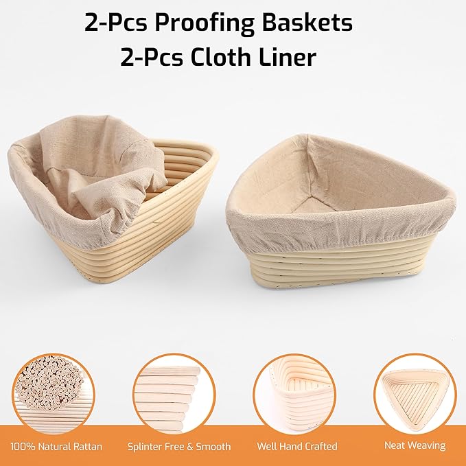 Triangle Bread Proofing Basket - Sourdough Basket, Rattan - Starter Kit for Baking Triangle Loaves- Gift Set