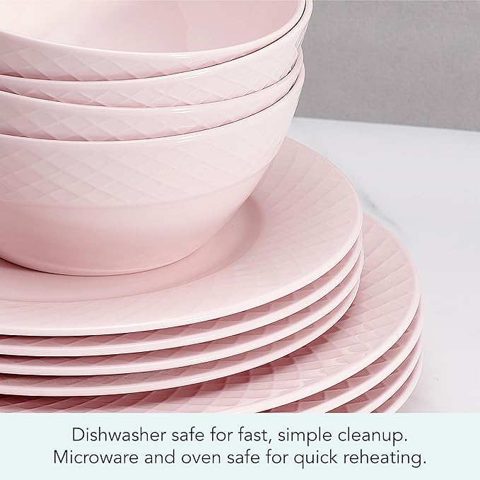 Miksa Trellis Pink Bone China Chip Resistant Lightweight 12 Piece Dinnerware Set, Service for 4