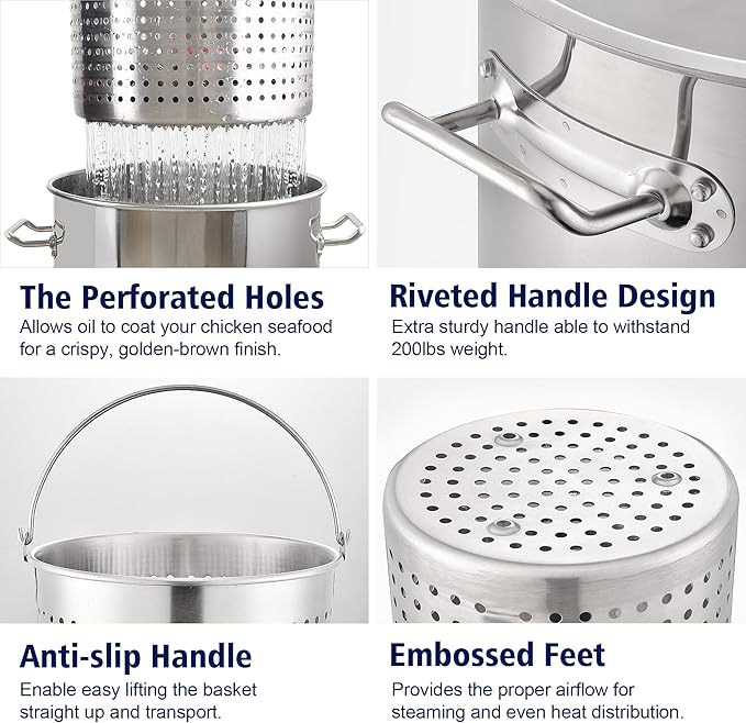 ARC 32QT Stainless Steel Stock pot 6-Piece For Seafood Boil Pot with Basket and Steamer Rack,Cookware for Crawfish Crab Shrimp Lobster Boiling Pot, Turkey Fryer Pot, Tamale Steamer Pot with Strainer