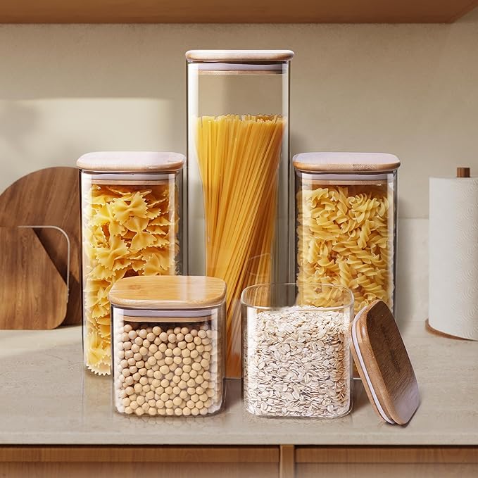 Square Glass Jars with Bamboo Lids 27 FL OZ [Set of 6], Glass Canisters with Airtight Lids, Glass Food Storage Containers for Coffee, Sugar, Tea, Candies, Cookies,Best for Kitchen & Pantry