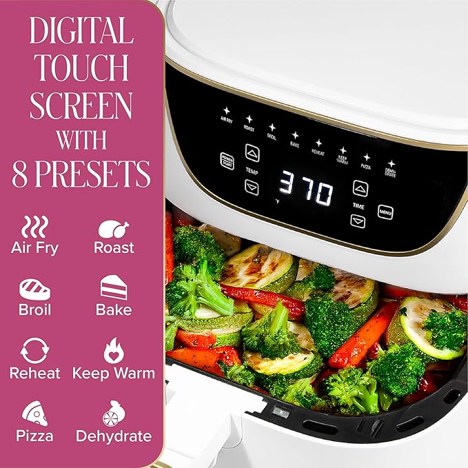 Paris Hilton Air Fryer, Large 6-Quart Capacity, Nonstick Made without PFAS, Touchscreen Display, 8-in-1 (Air Fry, Roast, Broil, Bake, Reheat, Keep Warm, Pizza, Dehydrate), Dishwasher Safe, White