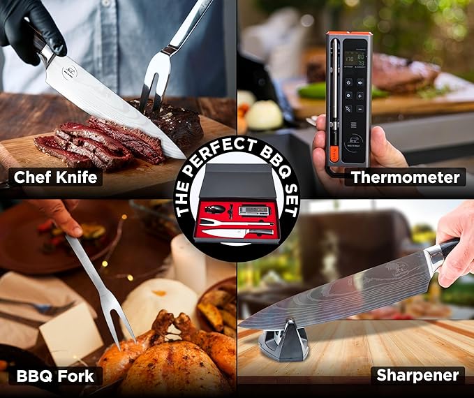 Wireless Meat Thermometer Digital BBQ Set, 5.3 Bluetooth and WiFi connectivity 800ft APP Control (iOS&Android) with Chef Knife, Fork, Meats Temperature Probe, Grilling, BBQ Gift for Men