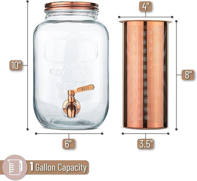 Brew To A Tea Cold Brew Coffee Maker, 1 Gallon, Rose Gold, Mason Jar, 16 Servings