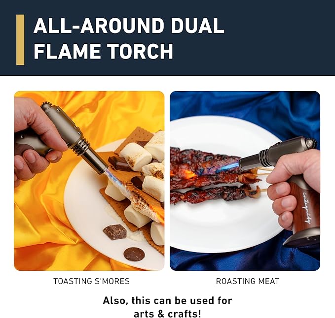 Dual Flame Butane Torch - Refillable Handheld Blow Torch for Cooking, Soldering, & Resin Art w/Adjustable Flame & Ignition Lock - Kitchen Blow Torch & Luxurious Gift Box by inZaynity - Brown Steel