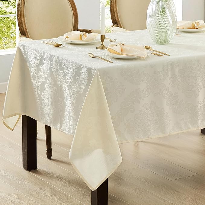 Newbridge Barcelona Luxury Damask Fabric Tablecloth, 70” Extra Wide x 90” Rectangle, Antique White, 100% Polyester, No Iron, Soil Resistant Dining Room, Party and Banquet Table Cover