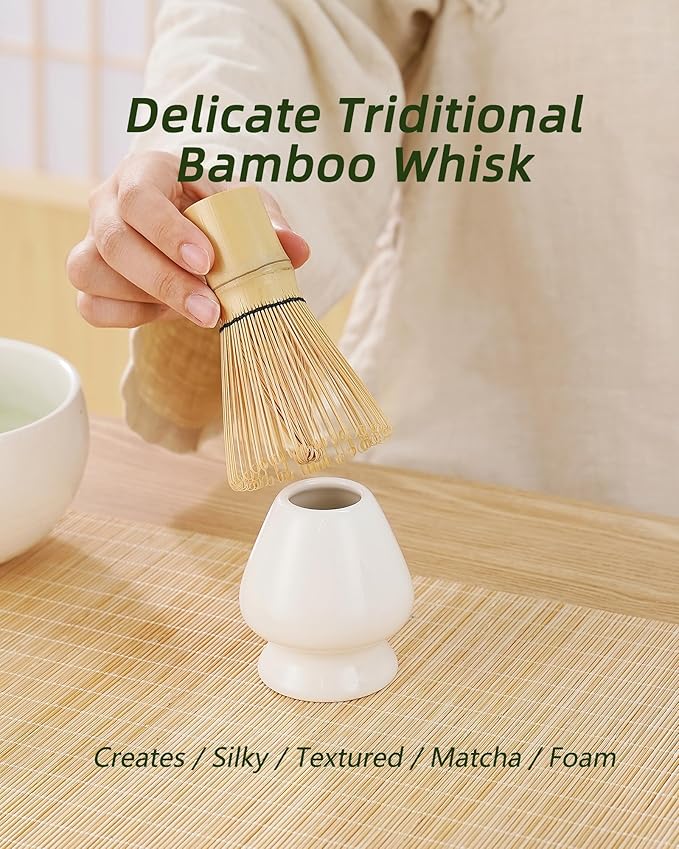 ZENS Matcha Whisk Set, 5pcs Matcha Kit Set Includes Ceramic Bowl, Bamboo Whisk and Chasen Holder, Scoop & Tea Mat，Matcha Tea ceremony Gift for Matcha Lovers, White