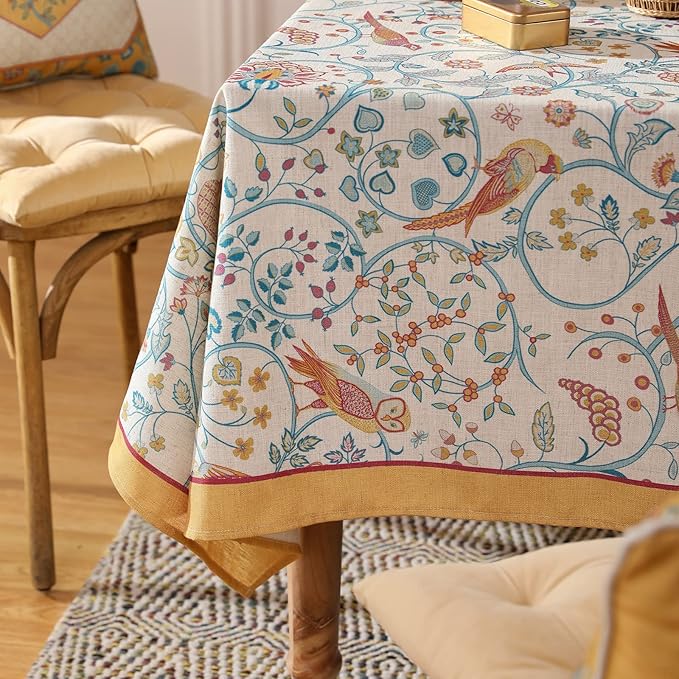 patdrea Designer Vintage French Extra Long Rectangular Tablecloth,Floral Birds Pattern Linen Table Cloth,Decorative Cover for Kitchen Dining Banquet,Christmas,Thanksgiving,67"x118"-Magnolia