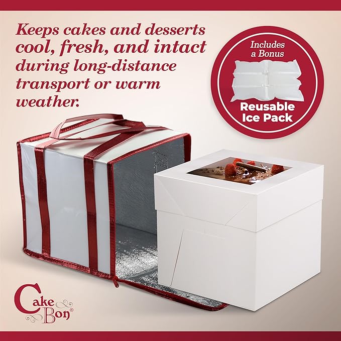 Cakebon Cake Box and Boards, 8-Inch Round White Wrapped Edges 1/2- Inch Thick Drums with Insulated Bag and Ice Pack – Cake Transport Set, Cooler for Cake Delivery and Transport (1pc Each, 4pcs Total)