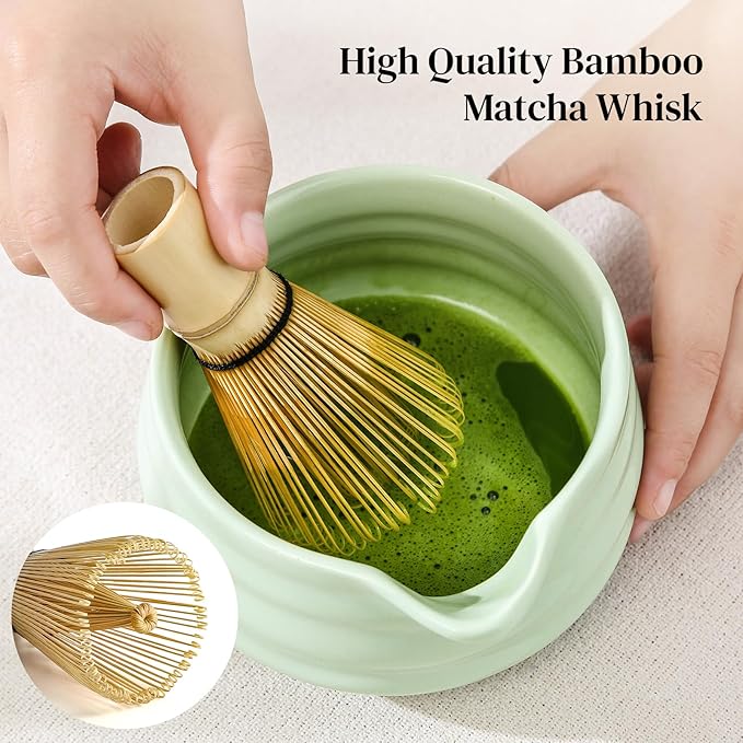 DOWAN Matcha Whisk Set, 7 Pcs Matcha Set Includes Bowl with Spout, Whisk and Holder, Bamboo Scoop and Holder, Sifter and Tea Towel - 7 Pcs Matcha Kit Gift for Lovers Beginners, Christmas (Green)