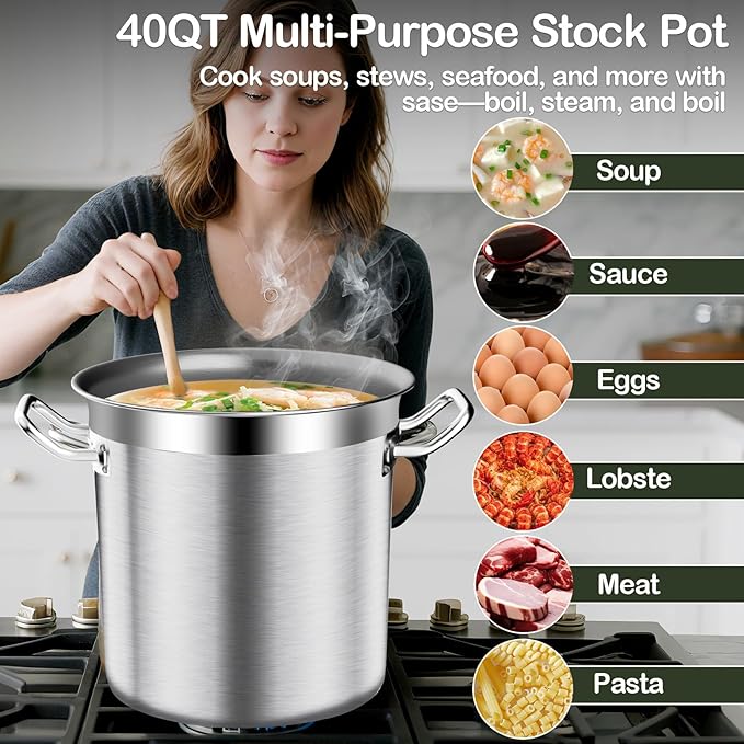 Large Soup Pot with Lid - 40 QT Stainless Steel Stockpots, Cooking Pots, Stock Pot with Lid, Big Pots for Cooking, Heavy Duty, Induction & Oven Safe, Stainless Steel Soup Pots