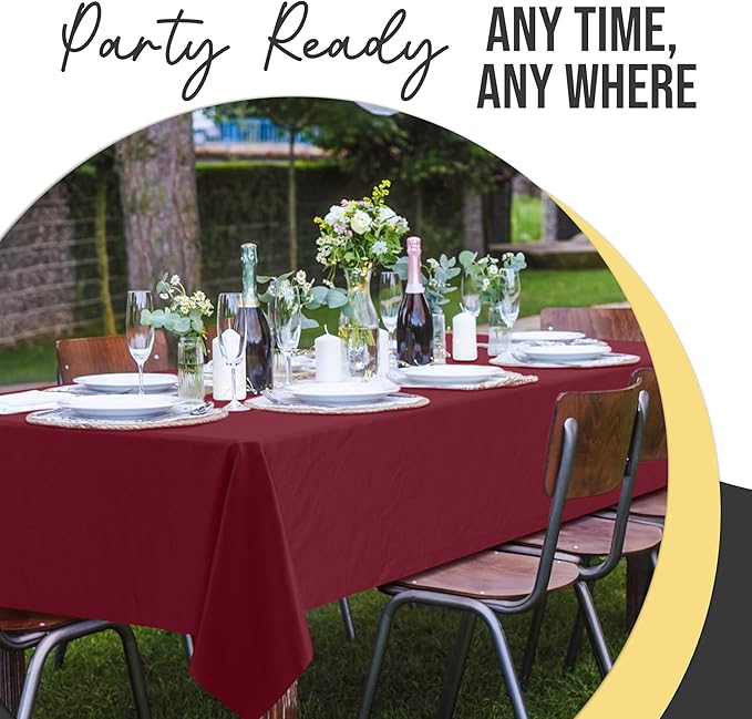 Exquisite 66% Thicker Premium Plastic Table Cloth Rectangle Table Cover 0.5 Mil 6 Pack Burgundy Table Cloth 54 Inch x 108 Inch Disposable Tablecloth Won't Tear Easily Like Cheap Thin Brands