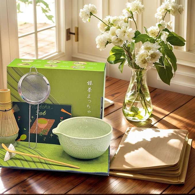 Matcha Whisk Set, 7 Pcs Matcha Set Includes Bowl, Whisk, Holder, Sifter, Bamboo Scoop, Spoon Rest and Tea Towel - Matcha Kit for Matcha Lovers (Mottled Green)