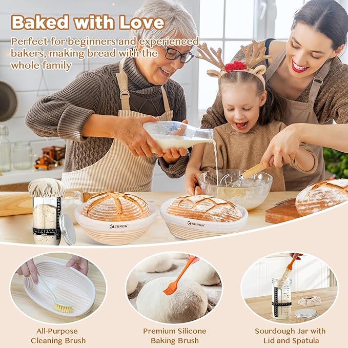 SORON Sourdough Starter Kit, Banneton Bread Proofing Basket with Glass Sour Dough Starter Jar, Sourdough Bread Baking Supplies Tools, 9" Round & 10" Oval Banneton Baskets, Gift Set for Homemade Making