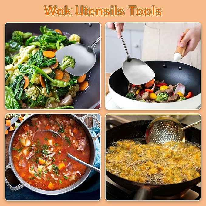 FJNATINH Wok Utensils for Carbon Steel, Stainless Steel Wok Spatula Metal Set, 6-Pieces 13-15 Inch Extra Long, Wok Tools Professional Set, Wooden Handle Skimmer, Soup Ladle, Slotted Turner