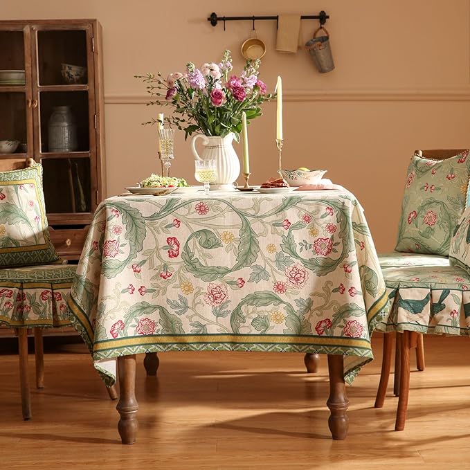 patdrea Designer Linen Small Green Square Tablecloth,Leaves Pattern Floral Durable Vintage Table Cloth,Decoration Table Cover for Kitchen Dining Christmas,Thanksgiving,Tea Party,55"x55"-Cecilia a