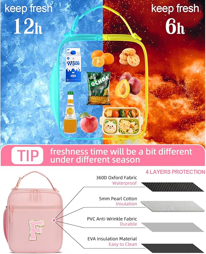 Initial Insulated Lunch Bag for Girls Kids, Back to School Gift, Reusable Leak-proof Lunch Box with Adjustable Strap for School Daycare Travel Picnic (Pink,F)