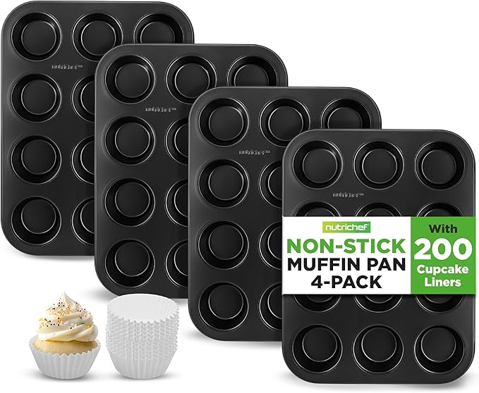 NutriChef Muffin Pans for Baking 4-Pack | Nonstick 12 Mold Cupcake Tins | Carbon Steel Stackable Cup Cake Trays | Dishwasher & Oven Safe | Includes 200 Parchment Paper Liners | 13 x 10 x 1 | Black