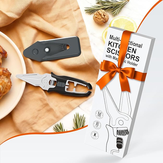 Multifunctional Kitchen Scissors - Kitchen Shears with Magnetic Holder & Safety Lock, Heavy Duty Poultry Shears, Stainless Steel for Chicken Meat Cutting Turkey, Vegetables