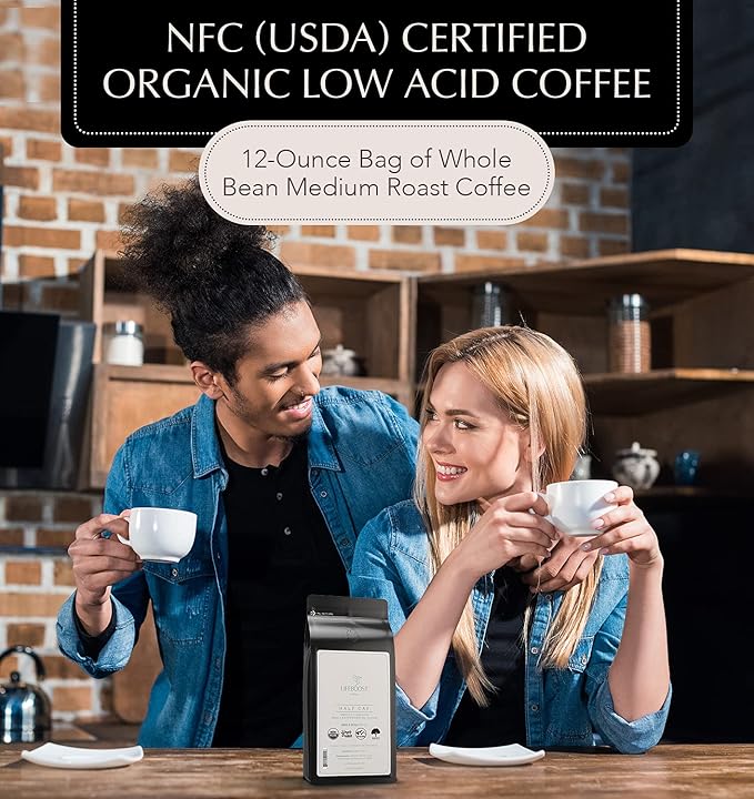 Lifeboost Half Caff Whole Bean Coffee - Non-GMO Low Acid Single Origin USDA Organic Coffee - Third Party Tested For Mycotoxins & Pesticides - 12 Ounces