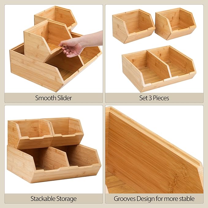 Pantry Storage Bins 3-Pack, Stackable Bamboo Containers for Potato & Onion Storage, Kitchen Organization & Decor (3pack)