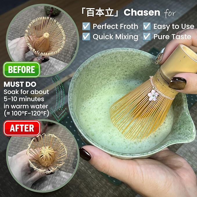 Matcha Whisk Set Incl. Ceramic Bowl With Spout, Whisk (Chasen), Stand, Bamboo Scoop, Sifter, Electric Frother, Tea Towel etc. 9 Pcs Matcha Making Starter Kit, Mottled Green
