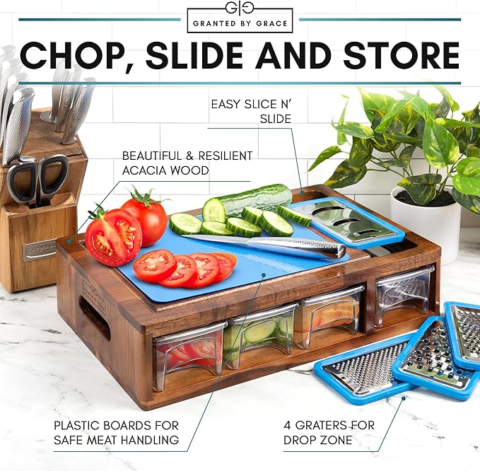 Acacia Cutting Board with Containers & Lids - Board Meal Prep System w 4 Graters, 2 Plastic Chopping Board for Meat, Juice Grooves & More - Cutting Board Prep Station for Kitchen