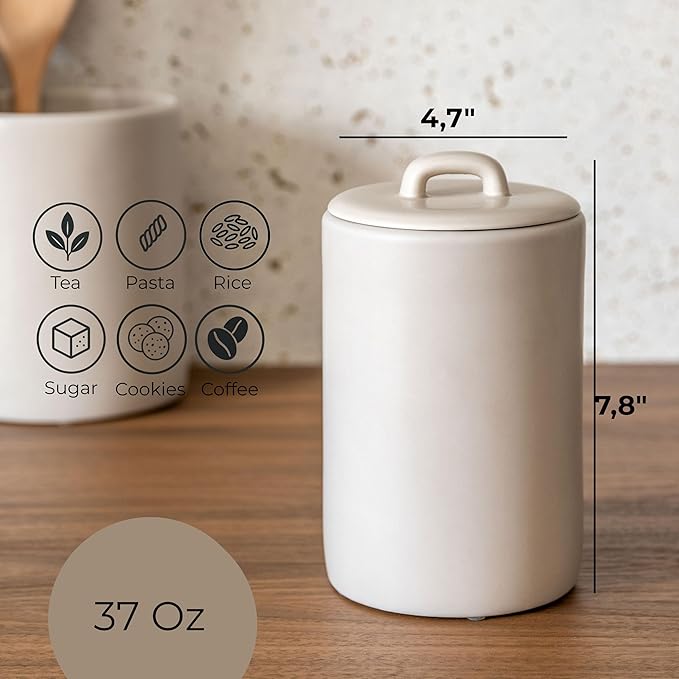 Ceramic Food Storage Jars, 37 Oz, Airtight Lid Handle,Kitchen Canisters for Grounds Coffee, Coffee Pods, Tea, Flour, Sugar, Rice, Pantry Organization or Kitchen Countertop Containers set