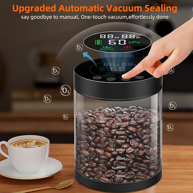 Electric Vacuum Coffee Canister, 1.3L Glass Airtight Food Storage Containers with Smart Pressure Sensor, Automatic Coffee Bean Container Rechargeable with LED Display Window for Kitchen Food Storage