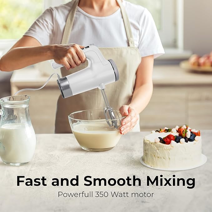 9 Speed Electric Handheld Mixer with Stainless Steel Whisk Beater Attachments & Snap Storage Case, Compact Lightweight 350 W Powerful hand held mixer for Baking & Cooking, White