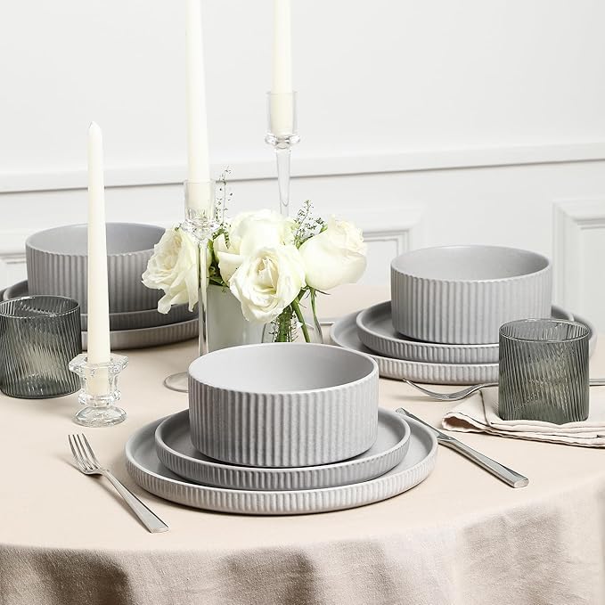 Stone Lain Haven Stoneware 24-Piece Dinnerware Set, Grey - Plates and Bowls Sets for 8, Elegant Dish Set, Includes Dinner Plates, Salad Plates Cereal Bowls, Microwave & Dishwasher Safe