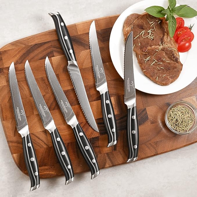 16-Piece Damascus Knife Set with Block - VG10 67-Layer Steel, Razor Sharp, Triple-Rivet Handles, 6 Steak Knives, Meat Fork, Sharpener & Scissors, Black