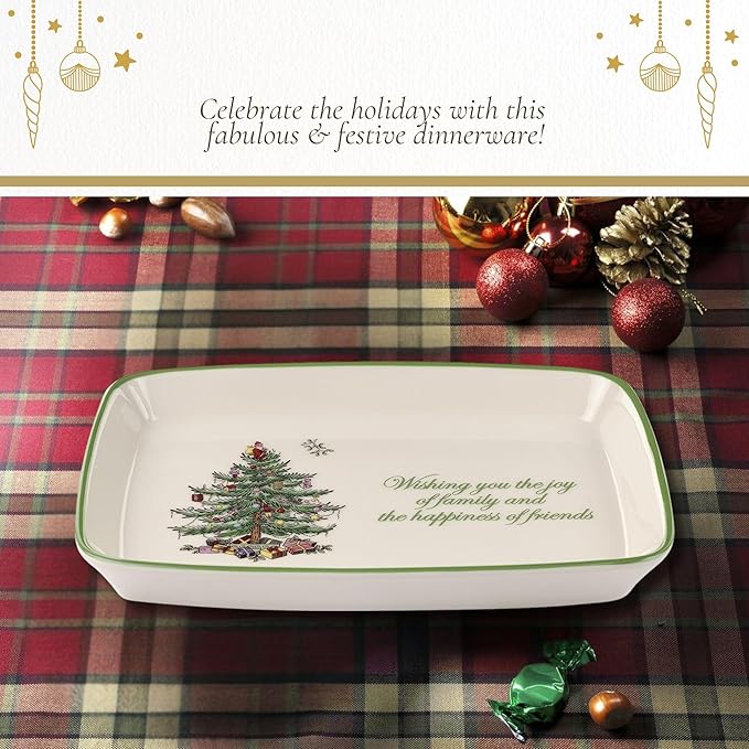 Spode Christmas Tree Rectangular Sentiment Tray (7" x 5") - Festive Earthenware Serving Plate for Holiday Snacks, Side Dishes, Treats, Durable Christmas Tableware - Microwave & Dishwasher Safe