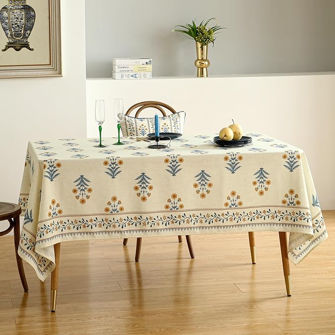 ISAENNE Designer French Pale Yellow Extra Long Rectangle Table Cloth,Linen Floral Tablecloth,Wrinkle Resistant Decor Tablecloths for Dining Thanksgiving Banquet Kitchen Party,63"*110"-Estevan A