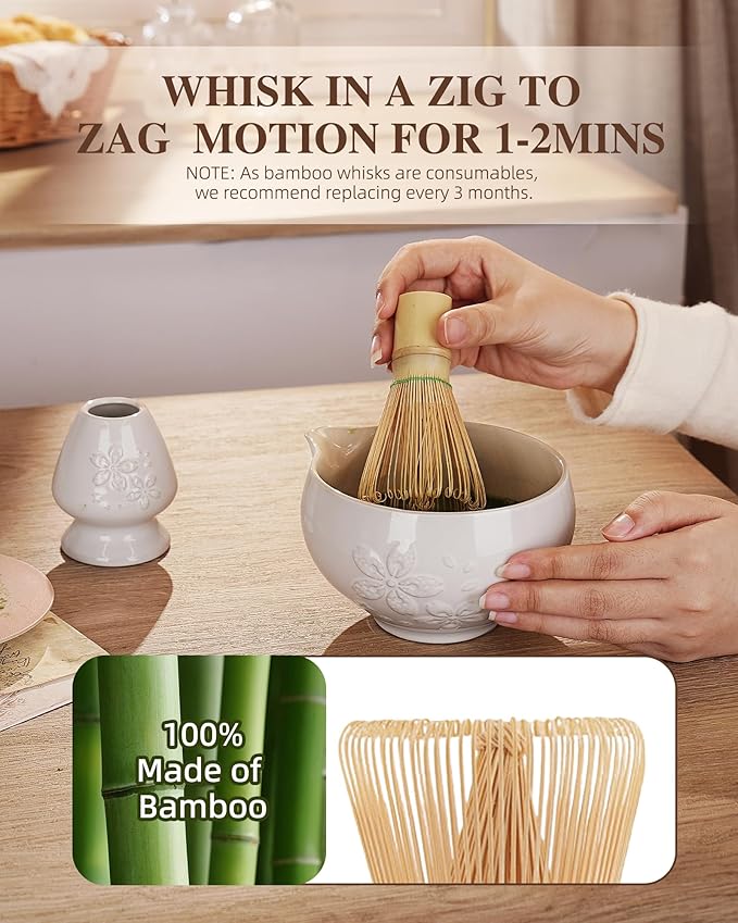 ZENS Matcha Whisk Set, Ceramic Matcha Set Includes 15oz Sakura Bowl, Bamboo Whisk & Chasen Holder, Scoop & Sifter-Tea Towel, 6pcs Matcha Kit for Matcha Lovers, White