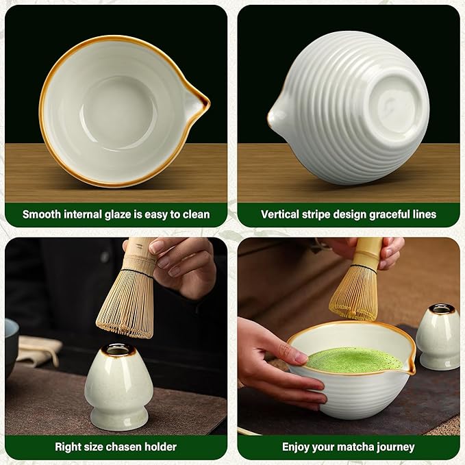 Matcha Whisk Set, 5-Piece Complete Matcha Kit with Traditional Ceramic Bowl, Bamboo Whisk, Scoop, Sifter, Holder, Authentic Beginners and Enthusiasts, Ideal Matcha Gift Set in Jade Green