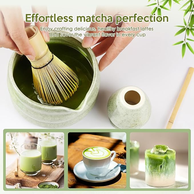 Matcha Whisk Set, 7 PCS Matcha Kit for Tea Ceremony, Matcha Whisk and Holder, Ceramic Matcha Bowl with Spout, Bamboo Scoop, Scoop Holder, Stainless Matcha Sifter and Tea Towel