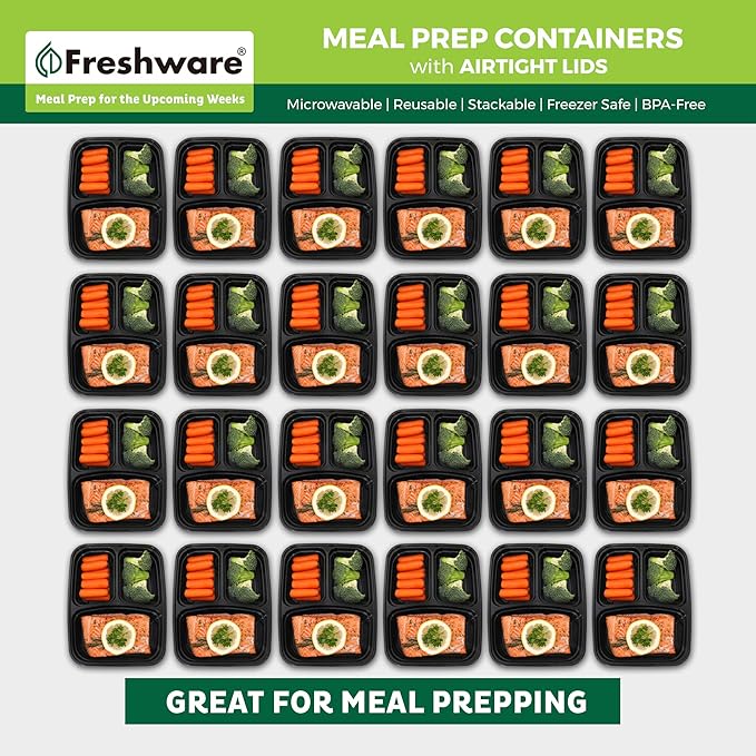 Freshware Meal Prep Containers [21 Pack] 3 Compartment with Lids, Food Storage Containers, Bento Box, BPA Free, Stackable, Microwave/Dishwasher/Freezer Safe (24 oz)