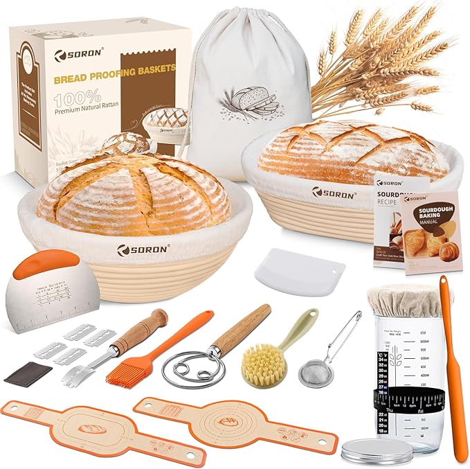SORON Sourdough Starter Kit, Banneton Bread Proofing Basket with Glass Sour Dough Starter Jar, Sourdough Bread Baking Supplies Tools, 9" Round & 10" Oval Banneton Baskets, Gift Set for Homemade Making
