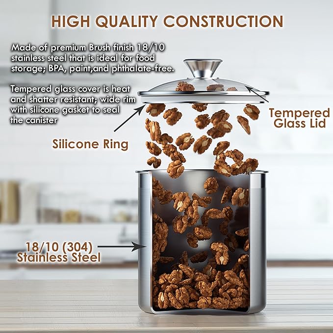 Cooks Standard Stainless Steel Food Jar Storage Canister Set Medium 4-Piece, 0.95qt/1.6qt/2.5qt/3.5qt Airtight Containers with Glass Lid for Tea Coffee Sugar Flour